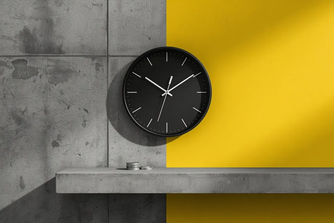 Schwarze Wanduhr über einem Betonregal mit Münzen
