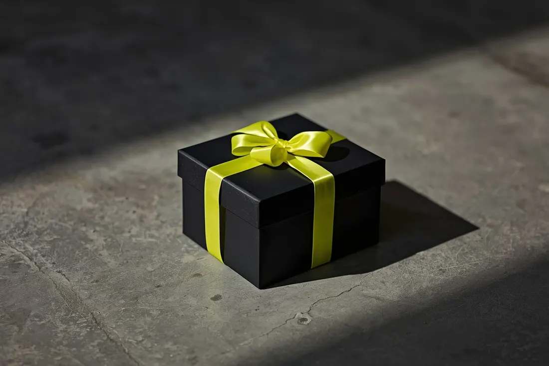 Schwarze Geschenkbox mit gelbem Band auf Beton Schwarze Geschenkbox mit gelbem Band auf Beton