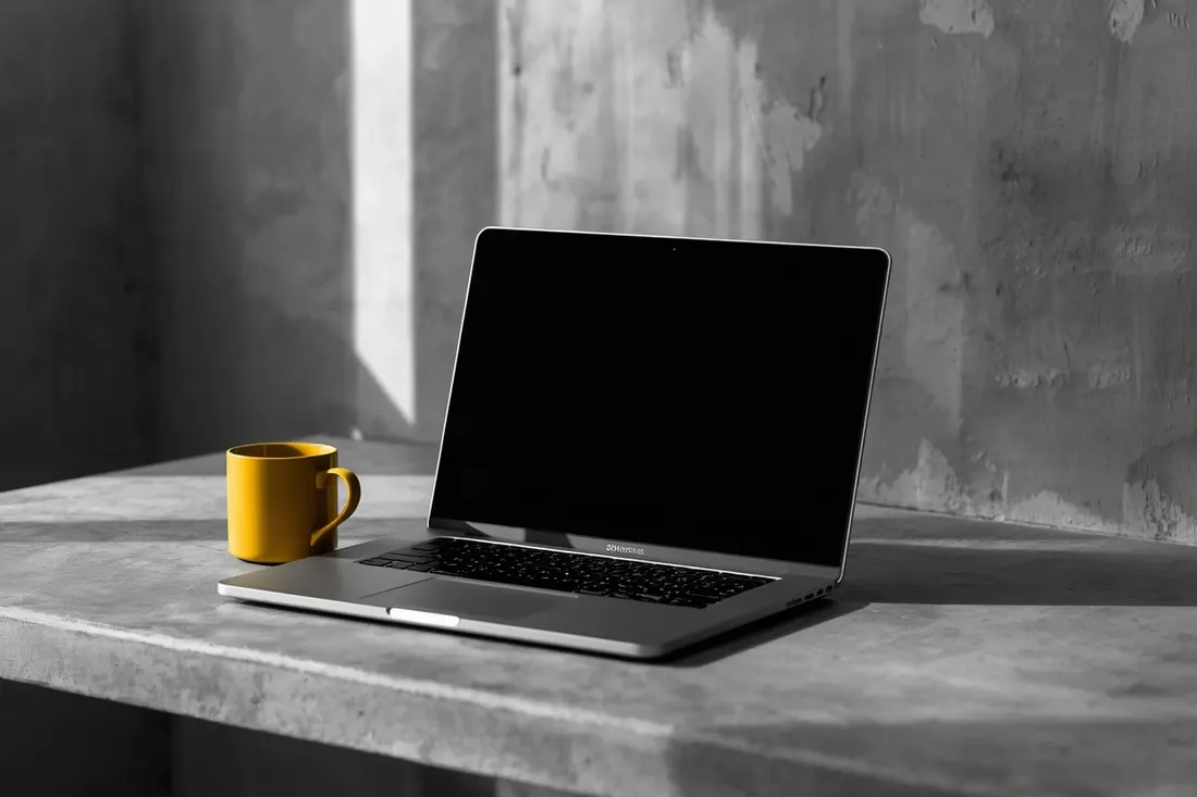 Laptop mit dunklem Bildschirm und gelbe Tasse Laptop mit dunklem Bildschirm und gelbe Tasse