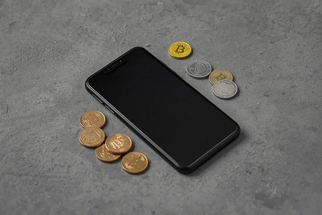 Smartphone und Münzen auf Beton
