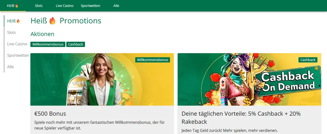 Seite Bonusangebote von Qbet mit dem Willkommensbonus über 500 Euro und der Aktion mit 5 % Cashback und 20 % Rakeback Seite Bonusangebote von Qbet mit dem Willkommensbonus über 500 Euro und der Aktion mit 5 % Cashback und 20 % Rakeback