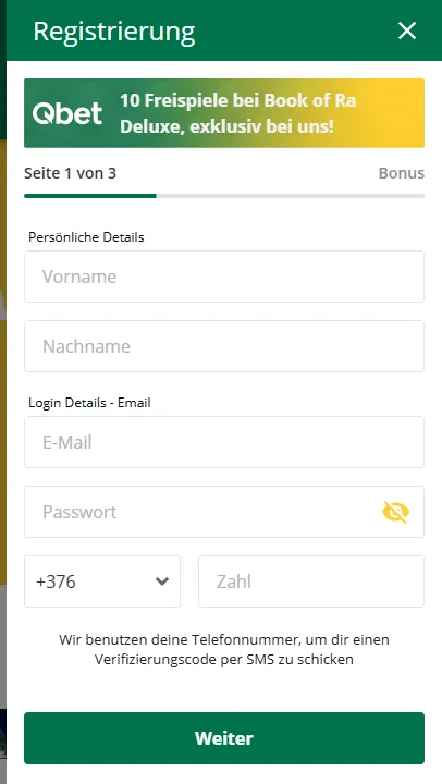 Registrierungsfenster von Qbet, Seite 1 von 3, mit Feldern für Name, E-Mail, Passwort und Telefonnummer