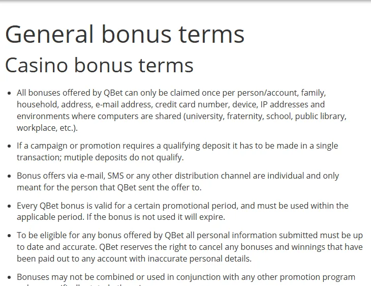 Allgemeine Bonusbedingungen von Qbet in englischer Sprache, Abschnitt Casino bonus terms mit den Regeln zu Mehrfachnutzung und Slots