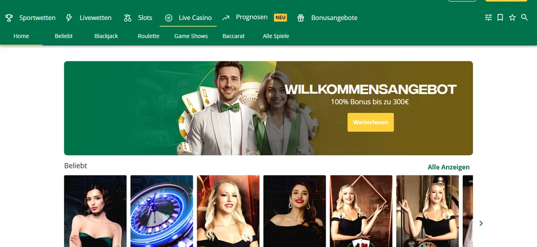Live-Casino-Lobby von Qbet mit dem Banner zum Willkommensangebot bis 300 Euro und den beliebten Live-Spielen