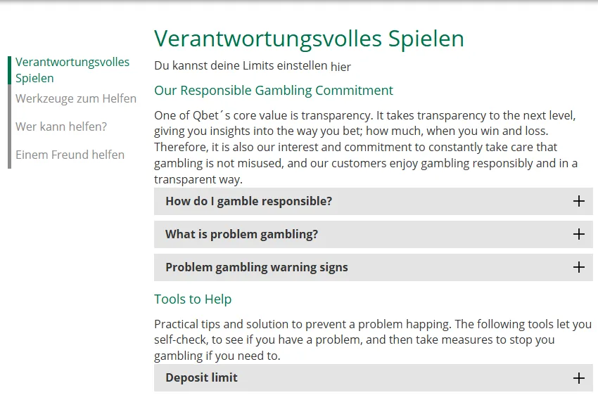 Seite Verantwortungsvolles Spielen von Qbet mit den Werkzeugen Einzahlungslimit, Pause, Selbsttest und Selbstsperre