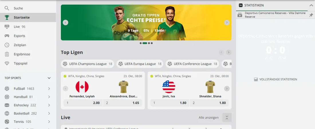Sportwetten-Bereich von Qbet mit Sportartenliste, Top Ligen und Live-Spielen mit Quoten