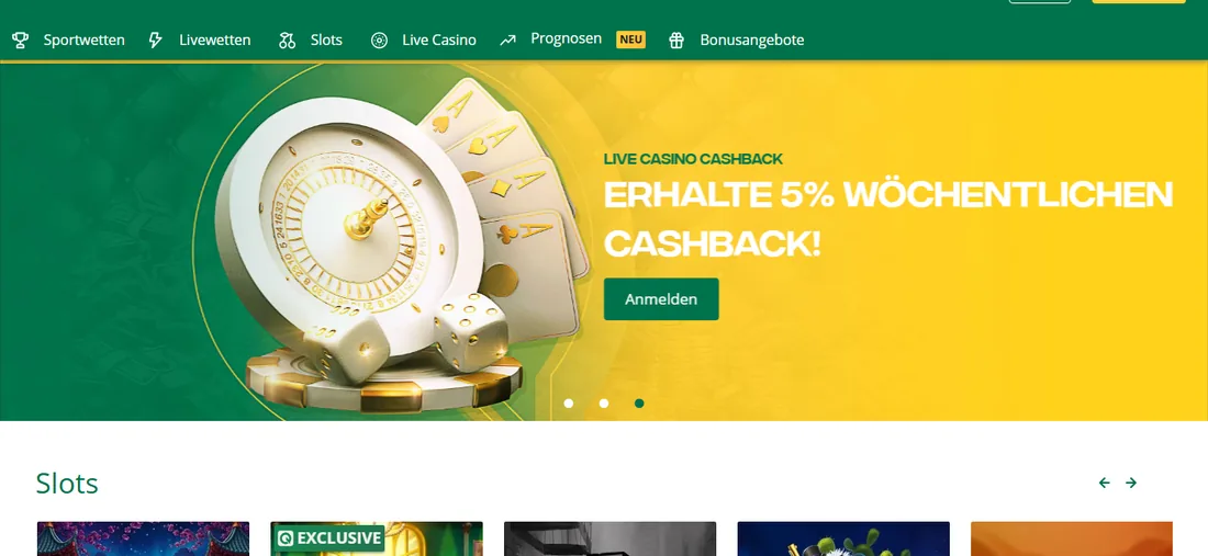 Startseite von Qbet auf Deutsch mit Hauptmenü, Banner zum wöchentlichen Live-Casino-Cashback und der Reihe Slots
