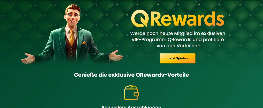 Seite QRewards, das VIP-Programm von Qbet, mit Hinweis auf schnellere Auszahlungen
