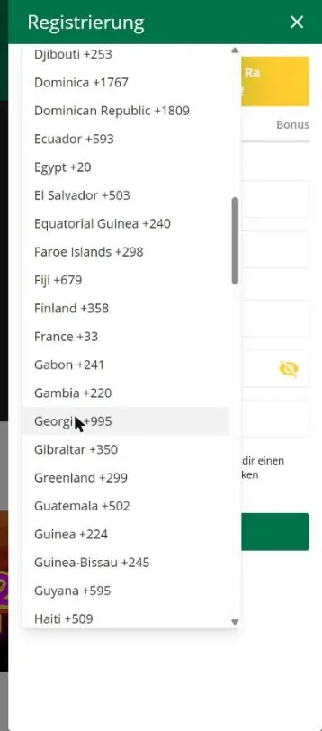Liste der Telefonvorwahlen im Registrierungsfenster von Qbet, ausgeschnitten, zwischen Georgia und Gibraltar steht kein Eintrag für Deutschland